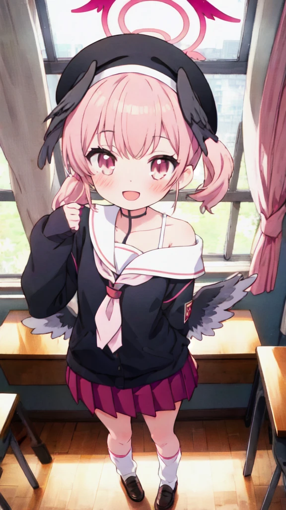 1girl, koharu \(blue archive\), twintails, halo, beret, head wings, low wings, pleated miniskirt, sleeves past wrists, sailor shirt, pink neckerchief, off shoulder, loose socks, loafers, standing, full body, looking at viewer, smile, open mouth, sunset, classroom, window, backlighting, depth of field