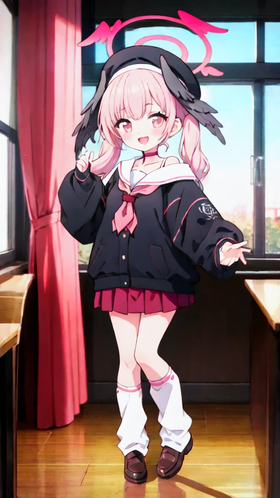 1girl, koharu \(blue archive\), twintails, halo, beret, head wings, low wings, pleated miniskirt, sleeves past wrists, sailor shirt, pink neckerchief, off shoulder, loose socks, loafers, standing, full body, looking at viewer, smile, open mouth, sunset, classroom, window, backlighting, depth of field