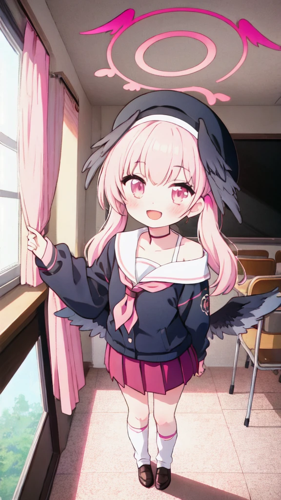 1girl, koharu \(blue archive\), twintails, halo, beret, head wings, low wings, pleated miniskirt, sleeves past wrists, sailor shirt, pink neckerchief, off shoulder, loose socks, loafers, standing, full body, looking at viewer, smile, open mouth, sunset, classroom, window, backlighting, depth of field