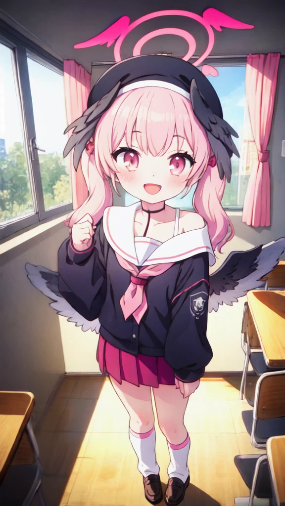 1girl, koharu \(blue archive\), twintails, halo, beret, head wings, low wings, pleated miniskirt, sleeves past wrists, sailor shirt, pink neckerchief, off shoulder, loose socks, loafers, standing, full body, looking at viewer, smile, open mouth, sunset, classroom, window, backlighting, depth of field