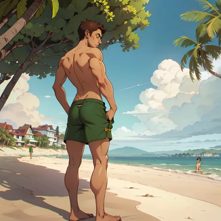 jon, a young guy in his 30s with asymmetric very short brown hair, green eyes with brown specs, a flat nose, smooth skin, slim athletic body, ((full body, standing on beach, nude upper body, green swim trunks)), holding a drink, ((perspective from behind, perspective from bottom))