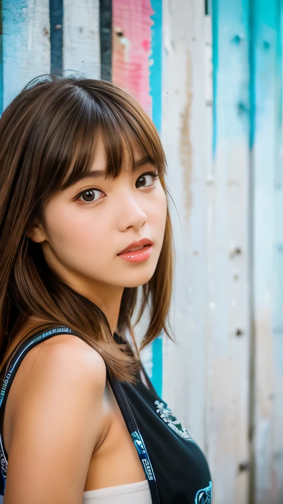 Best quality, 8k,  ,Masterpiece :1.3)), facing viewer,((full body1.2)) ,pretty woman, wide shot ,1girl, , selfie   , ,  Graffiti Wall, brown hair  , bangs,ultra-detailed face, highly detailed lips, detailed eyes, double eyelid