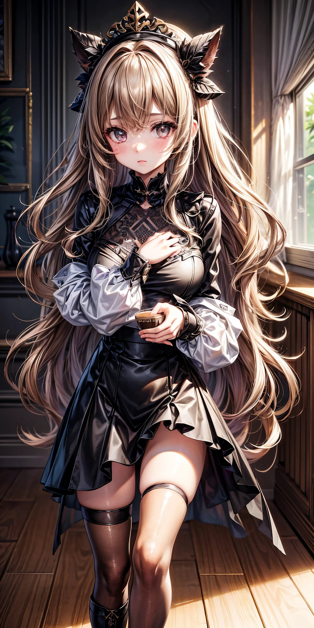 1 cute young girl, female focus on, Girls Front, depthoffield, Holding, , Young Girl, Long wavy curly hair, Curly hair, Air bangs, light brown hair, extremely beautiful detailed anime face and eyes, ^ ^, lovely big eyes, Perfect hands, Small breasts, zettai ryouiki, Light brown eyes, coffee cup, Leaf dress, knee boots, morning, Indoors, Wallpaper 8k CG, hyper quality, Extremely detailed,