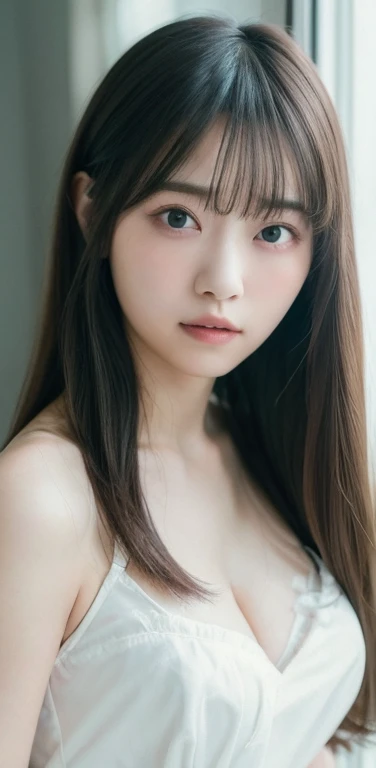 masterpiece, highest quality, 8k, 20th Generation, Large Breasts, cute, alone, sad, cute, Girlish, Delicate girl, Pure beauty, RAW Photos, Professional photography, Portraiture, Soft Light, Professional Lighting, Backlight, Upper Body, avert your eyes, Sophisticated, Film Grain, (Eyes and facial details:1.0), Short floating hair, Beautiful, flowing hair, bangs, (Maid clothes(pastel colour))、(Large Breasts:1.0)、You can see a little cleavage、Nipple protrusion、Dolly Makeup、Translucent white skin、White Breasts、Odd Eye、The colour of the left and right eyes are different