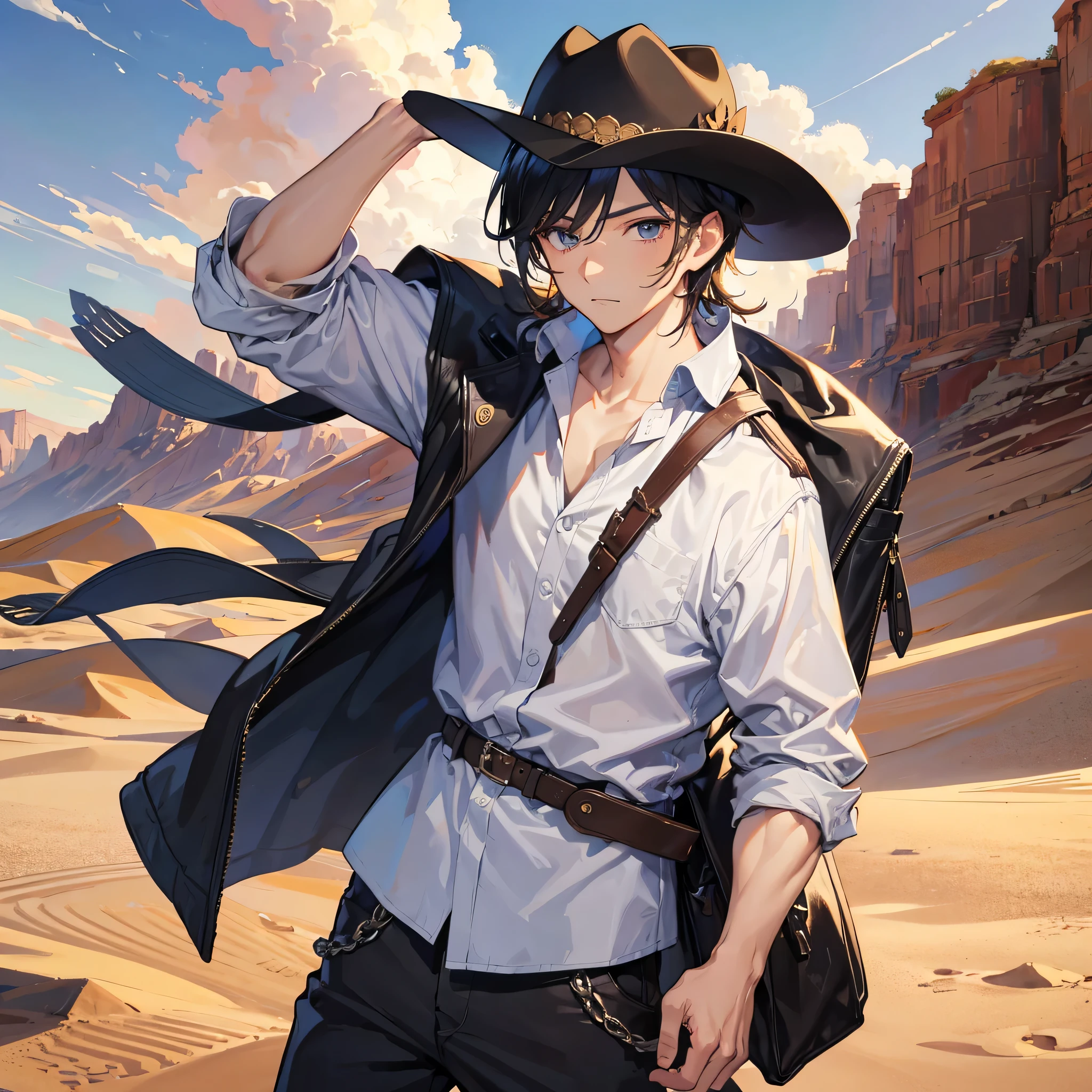 handsome guy,Tousled Hair,Western Cowboy,cowboy,Revolver,Background Desert,juvenile