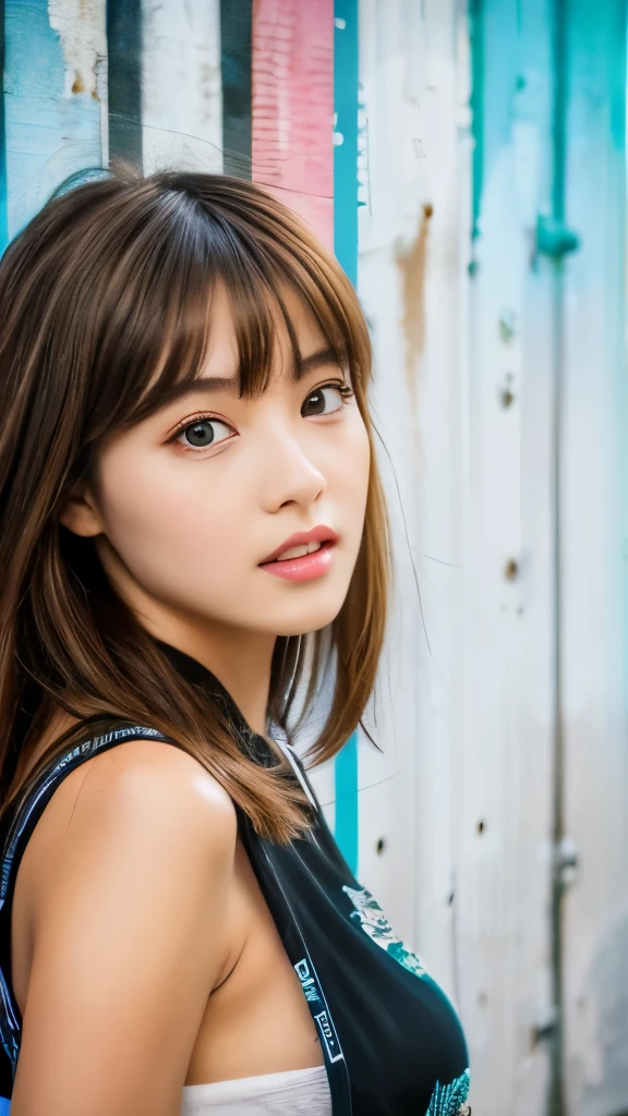 Best quality, 8k, ,Masterpiece :1.3)), facing viewer,((full body1.2)) ,pretty woman, wide shot ,1girl, , selfie , , Graffiti Wall, brown hair , bangs,ultra-detailed face, highly detailed lips, detailed eyes, double eyelid