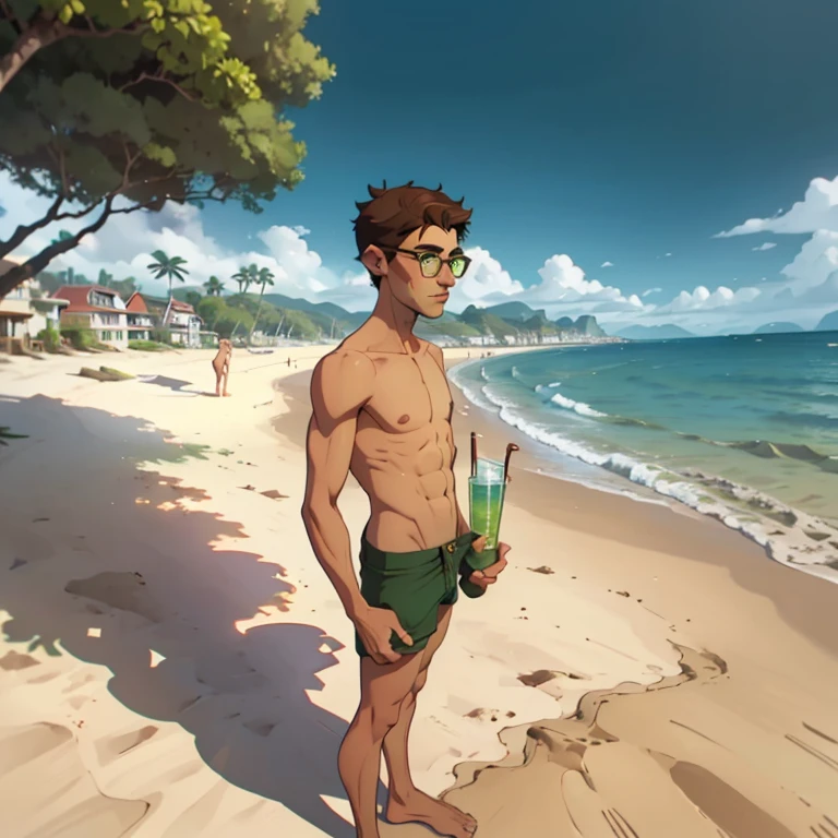 jon, a young guy in his 30s with asymmetric very short brown hair, green eyes with brown specs, a flat nose, smooth skin, slim athletic body, ((full body, standing on beach, nude upper body, green swim trunks)), holding a drink, ((perspective from side, perspective from top))