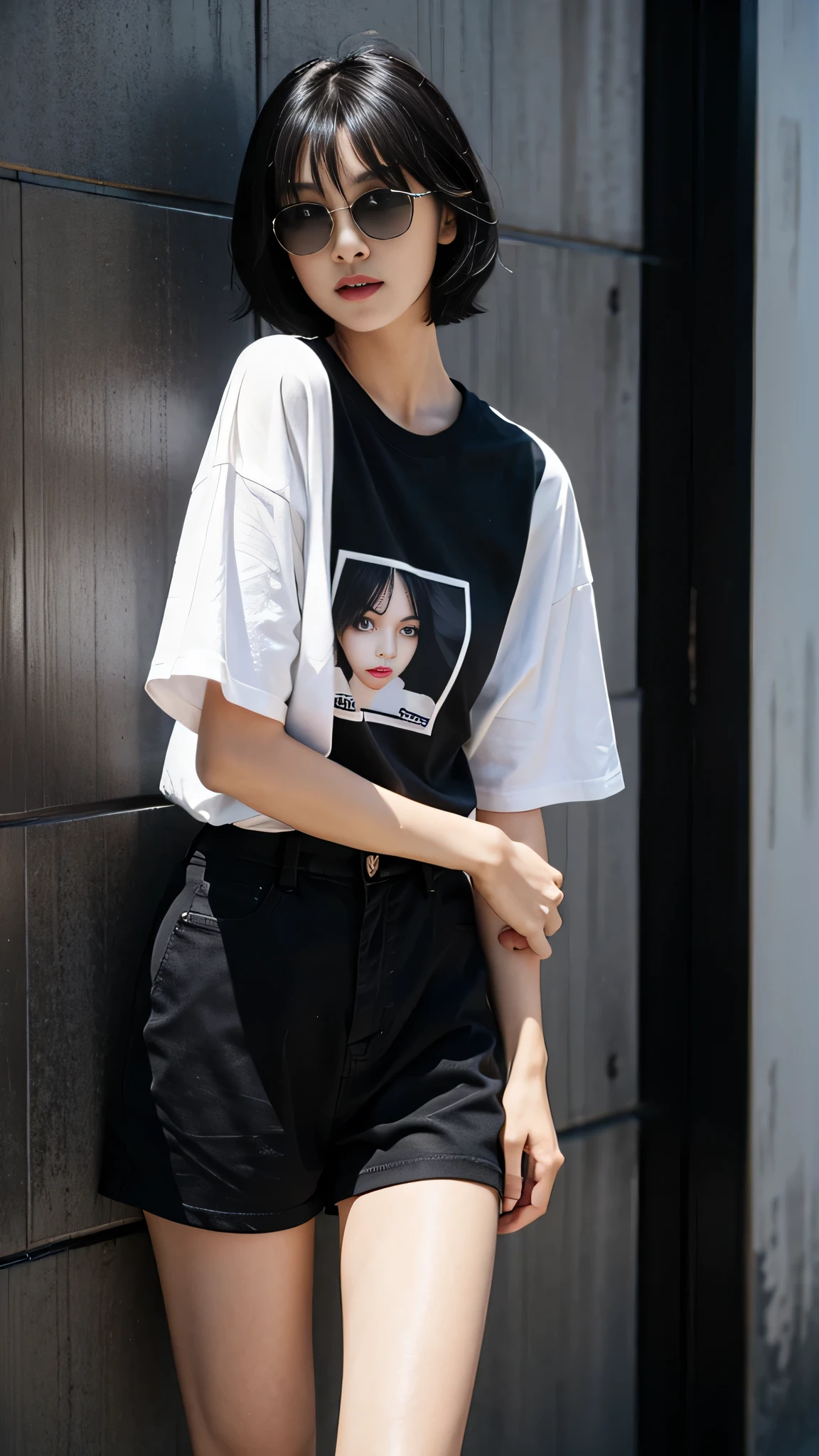 Girl in oversize t-shirt  and short for photo、short hair, black hair、Slim girl model、18-year-old female model、Wearing black sunglasses