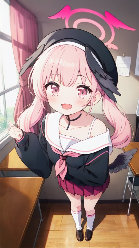 1girl, koharu \(blue archive\), twintails, halo, beret, head wings, low wings, pleated miniskirt, sleeves past wrists, sailor shirt, pink neckerchief, off shoulder, loose socks, loafers, standing, full body, looking at viewer, smile, open mouth, sunset, classroom, window, backlighting, depth of field