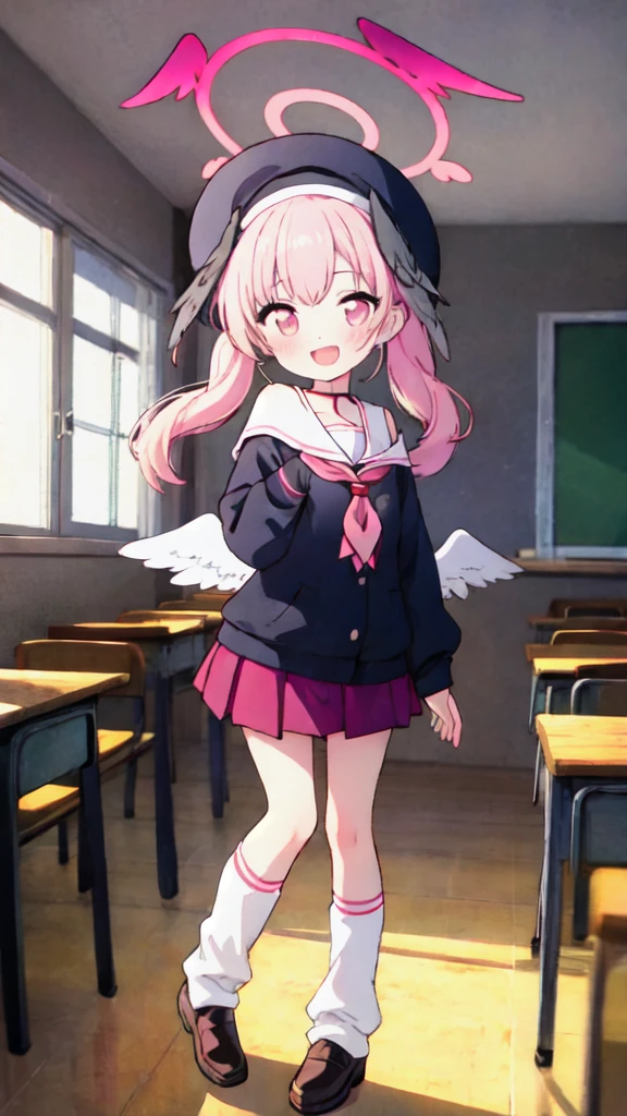 1girl, koharu \(blue archive\), twintails, halo, beret, head wings, low wings, pleated miniskirt, sleeves past wrists, sailor shirt, pink neckerchief, off shoulder, loose socks, loafers, standing, full body, looking at viewer, smile, open mouth, sunset, classroom, window, backlighting, depth of field