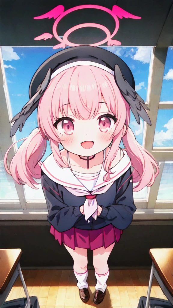 1girl, koharu \(blue archive\), twintails, halo, beret, head wings, low wings, pleated miniskirt, sleeves past wrists, sailor shirt, pink neckerchief, off shoulder, loose socks, loafers, standing, full body, looking at viewer, smile, open mouth, sunset, classroom, window, backlighting, depth of field