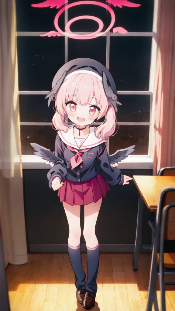 1girl, koharu \(blue archive\), twintails, halo, beret, head wings, low wings, pleated miniskirt, sleeves past wrists, sailor shirt, pink neckerchief, off shoulder, loose socks, loafers, standing, full body, looking at viewer, smile, open mouth, sunset, classroom, window, backlighting, depth of field