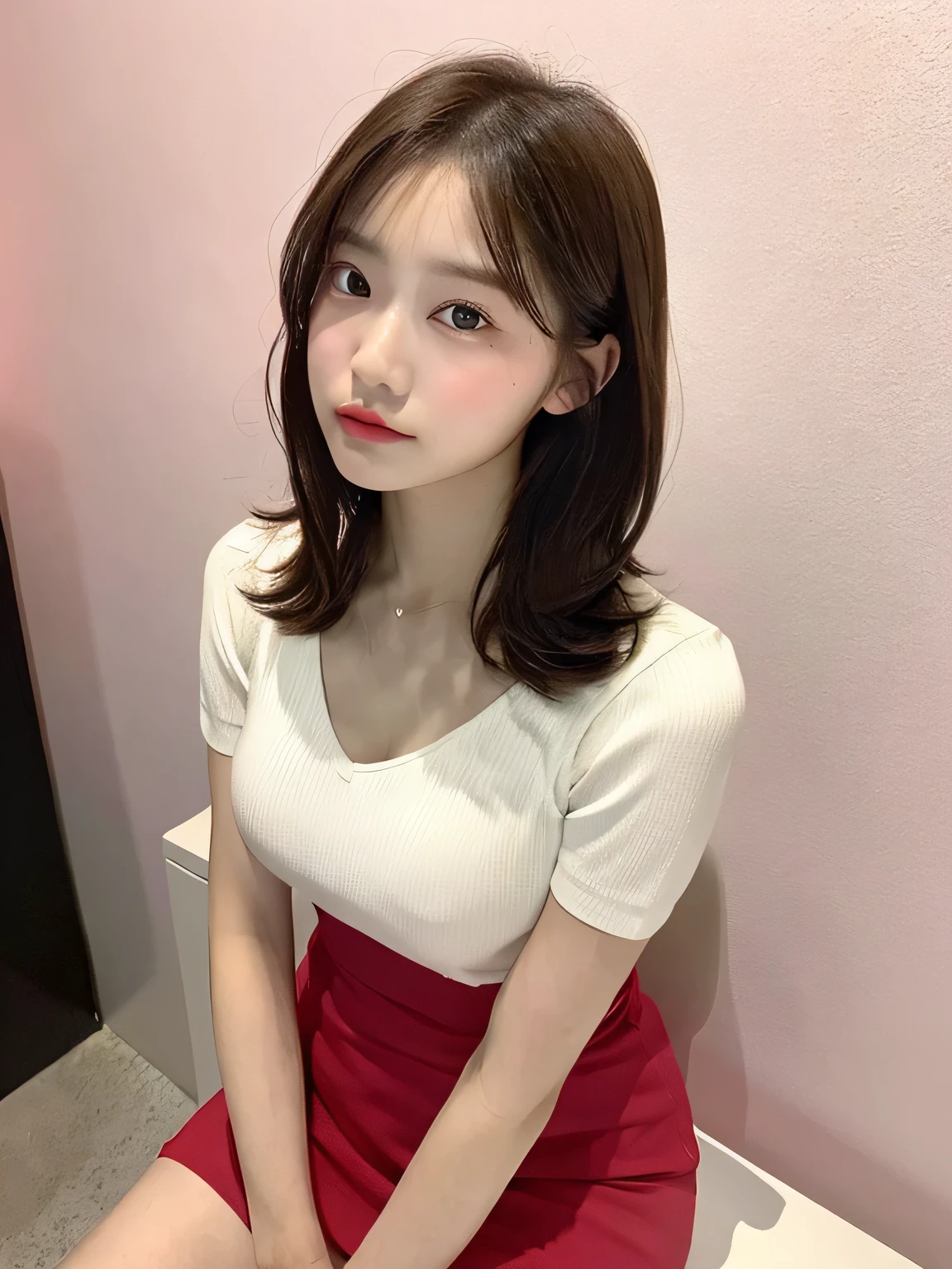 one person、、whole body、slender、woman、White drool coming out of the mouth、Short hair, fair skin, messy hair, super cute、Soft and Face、Brown Hair、8k resolution、Surreal、Ultra high definition、 Soft Body Tight Ass Night、A-cup small breasts((Highest resolution、8k、masterpiece:1.3))、Ultra-fine face、Ultra Fine Lips、Beautiful Eyes、double eyelid,Pink wall、White shirt with front opening、Red mini skirt、I can see your thighs、Shapely small breasts、Sitting in a chair、