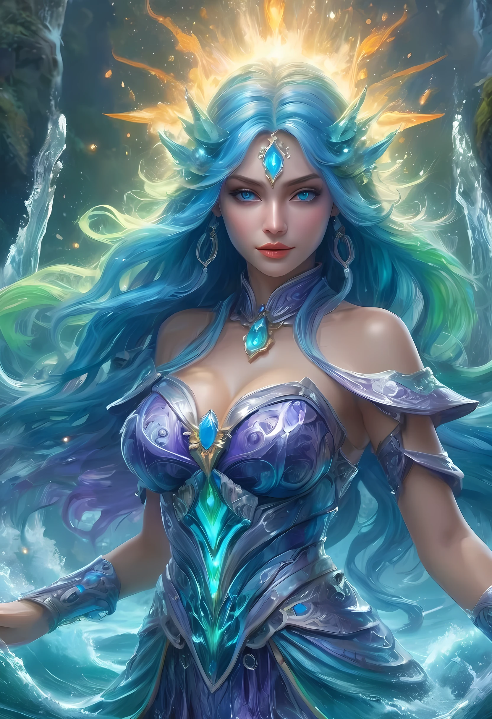 high details, best quality, 8k, [ultra detailed], masterpiece, best quality, (extremely detailed), full body, ultra wide shot, photorealistic, fantasy art, dnd art, rpg art, realistic art, an ultra wide picture of a female human (1.5 intricate details, Masterpiece, best quality) goddess of water  ((watery radiant aura)), controlling a swirling streams of watery magic (1.5 intricate details, Masterpiece, best quality), manipulating purple radiant magical symbols, [[divine symbols]] (1.5 intricate details, Masterpiece, best quality), human female, blue  hair, long hair with aura, hair with green radiant eyes, intense eyes, holding a trident, ((radiant eyes)), (( green glowing eyes)), dynamic clothing, fantasy sea background, stresms of sea water,  celestial  background, ((divine worship atmosphere)), high details, best quality, highres, ultra wide angle, crystalline dress, faize