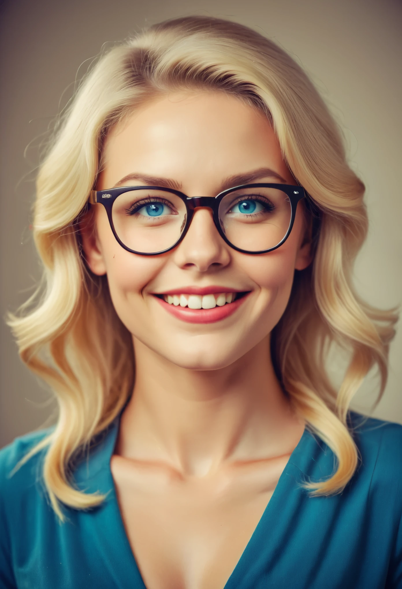 Vintage Photo Style, Beautiful blonde with blue eyes in stylish glasses. Smiling.  