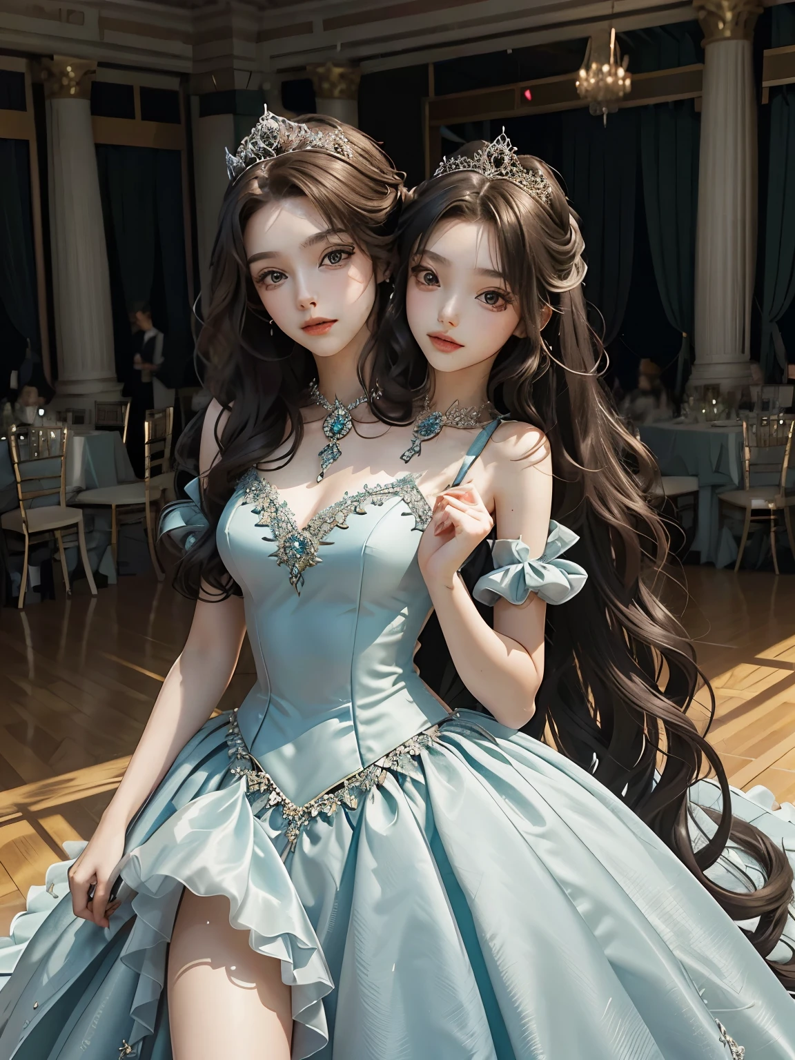 bestresolution, (2heads:1.2), princesses, tiaras on head, ballgown, princess dress, large dress, in a ballroom, large straight hair, extremely long hair, head in wind