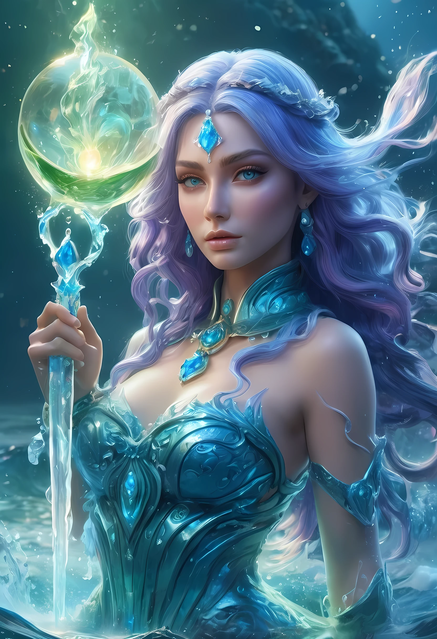 high details, best quality, 8k, [ultra detailed], masterpiece, best quality, (extremely detailed), full body, ultra wide shot, photorealistic, fantasy art, dnd art, rpg art, realistic art, an ultra wide picture of a female human (1.5 intricate details, Masterpiece, best quality) goddess of water  ((watery radiant aura)), controlling a swirling streams of watery magic (1.5 intricate details, Masterpiece, best quality), manipulating purple radiant magical symbols, [[divine symbols]] (1.5 intricate details, Masterpiece, best quality), human female, blue  hair, long hair with aura, hair with green radiant eyes, intense eyes, holding a trident, ((radiant eyes)), (( green glowing eyes)), dynamic clothing, fantasy sea background, stresms of sea water,  celestial  background, ((divine worship atmosphere)), high details, best quality, highres, ultra wide angle, crystalline dress, faize