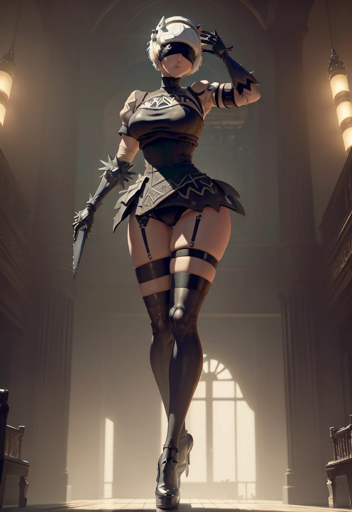 (masterpiece, Nier Automata 2b, Wearing a black blindfold,Standing in a beautiful pose: 1.5)  (highest quality, Cinema Lighting: 1.5), Perfect Eyes, Perfect Face, Volumetric lighting,  Sunny, cinematic presentation,A little frill, Black Stockings, Fascinating, The background is a romantic cathedral at night, super close up shot, Highly accentuated hourglass shape, (Inner Flesh: 0.5), (Protruding nipples: 0.5) Akin is greasy.  It gives me goosebumps