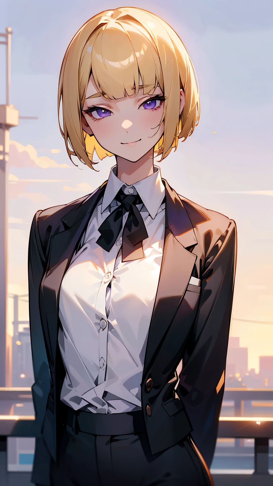 1 girl、(blonde)、short hair、Bobcut、Blunt bangs、Beautiful purple eyes、Slender body、Upper body close-up、White shirt、Black work trousers、Black Fitted Blazer、A calm face、Mouth closed、Cheeky Smile、Squint your eyes、Park in the background、sunset、Soft lighting.