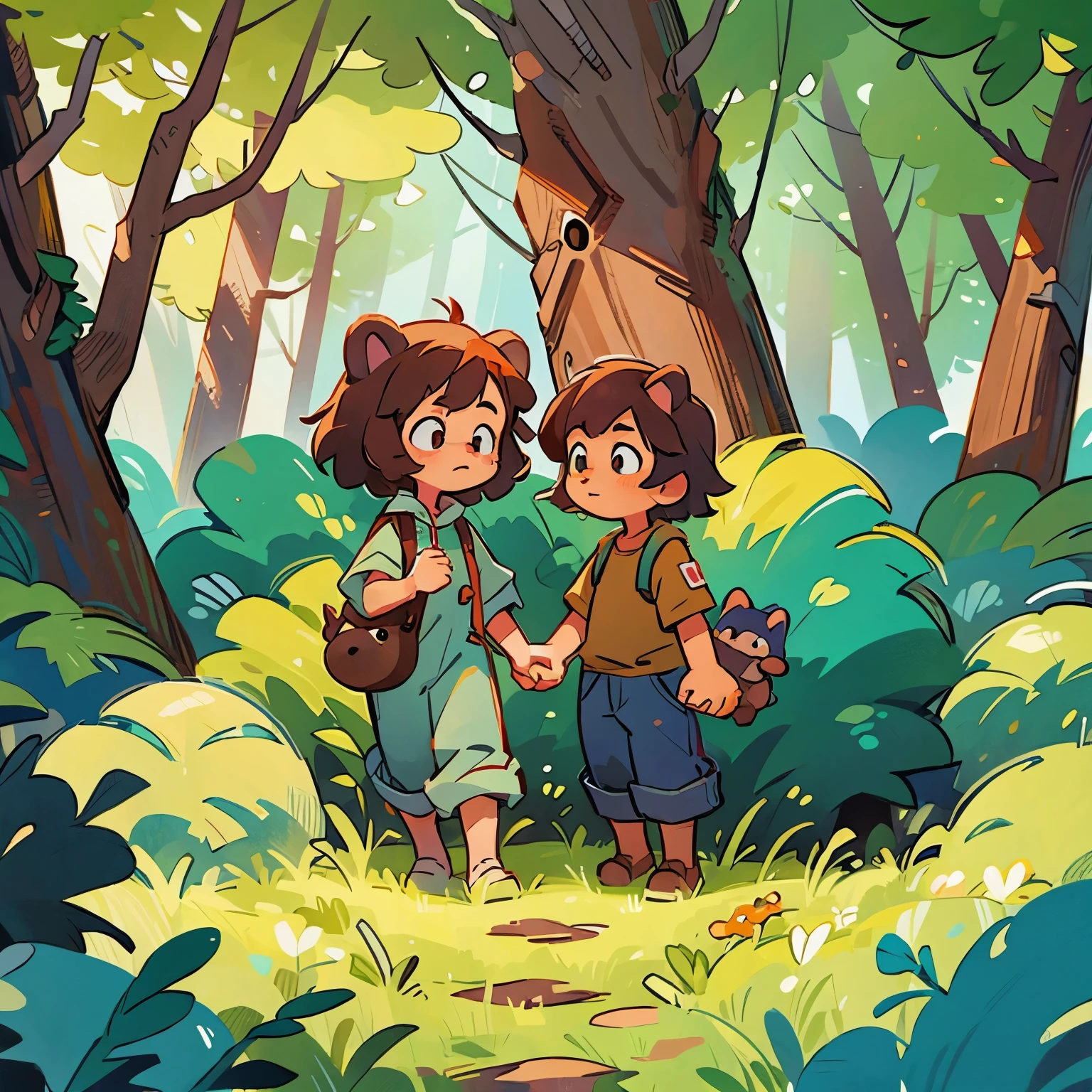 Furry little bear and little hedgehog holding hands in the forest
