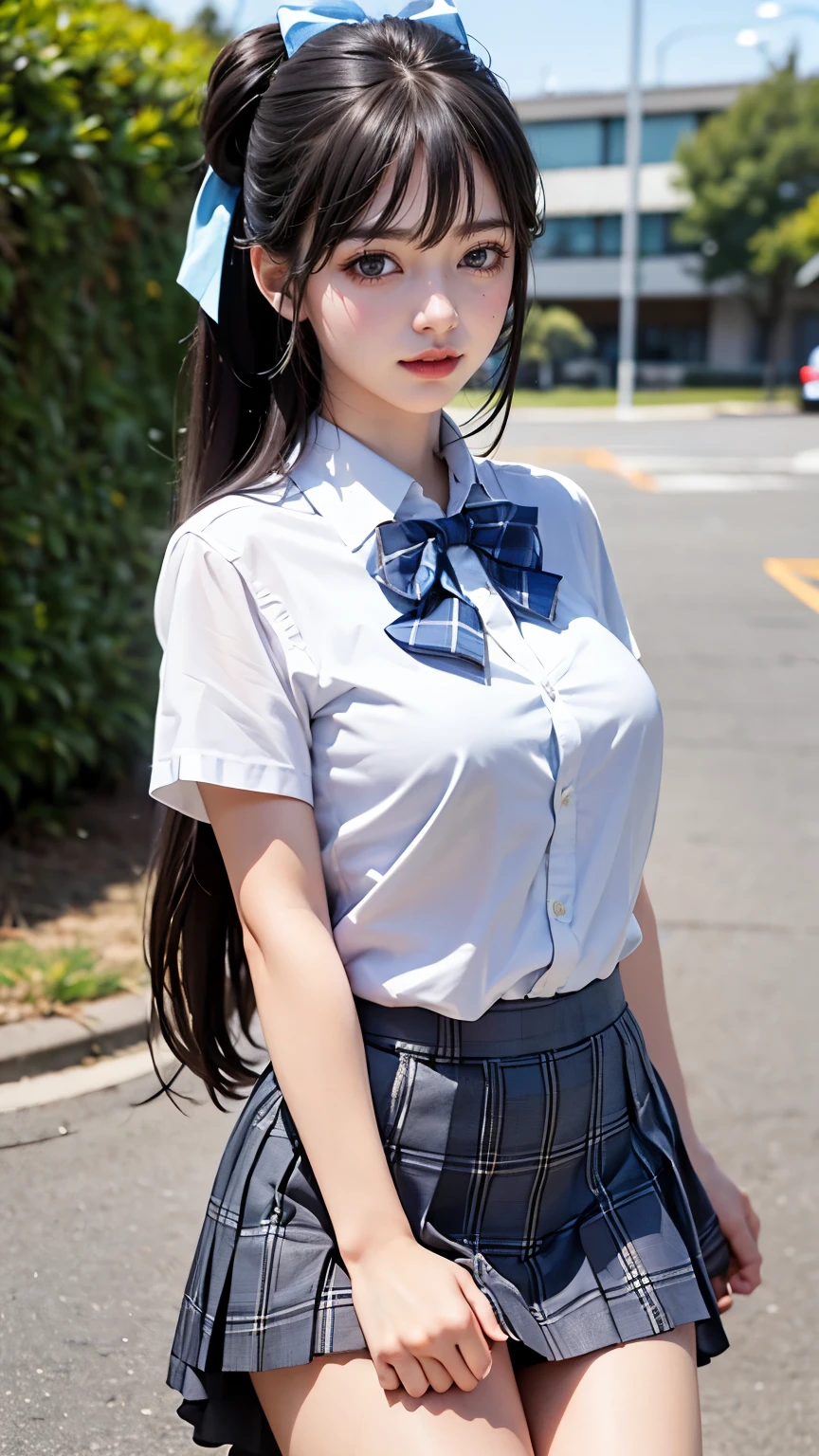 (masterpiece:1.2, highest quality), (Realistic, photoRealistic:1.4), A high school girl is standing outdoors、whole body、
View your viewers, whole body, Front view:0.6, 
1 girl, Japanese, high School girl, (Long Hair:1.5), Hair fluttering, (Half Up, Half Updo), bangs, Hair between the eyes, Big Breasts:0.8, 
Beautiful Hair, Beautiful Face, Beautiful Eyes, Beautiful clavicle, Beautiful body, Beautiful breasts, Beautiful thighs, Beautiful feet, Beautiful fingers, 
(Beautiful views), , School,
((Collared short-sleeved shirt, White shirt, , Grey plaid pleated skirt, Blue checked bow tie)), White panties, 
(Are standing, , Please lift your skirt, Grab the hem of your skirt, Place your hand on your chest, Place your hands between your legs), 
blush, 