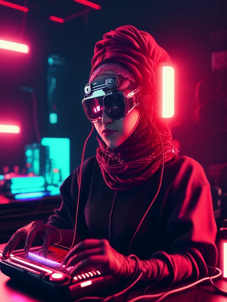 NeonNinja style, Close-up：A person wearing a red headscarf，There is a big ball in the middle of the room, Close up of electronic devices on table