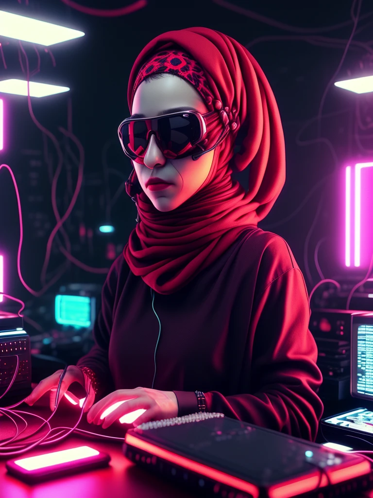 NeonNinja style, Close-up：A person wearing a red headscarf，There is a big ball in the middle of the room, Close up of electronic devices on table