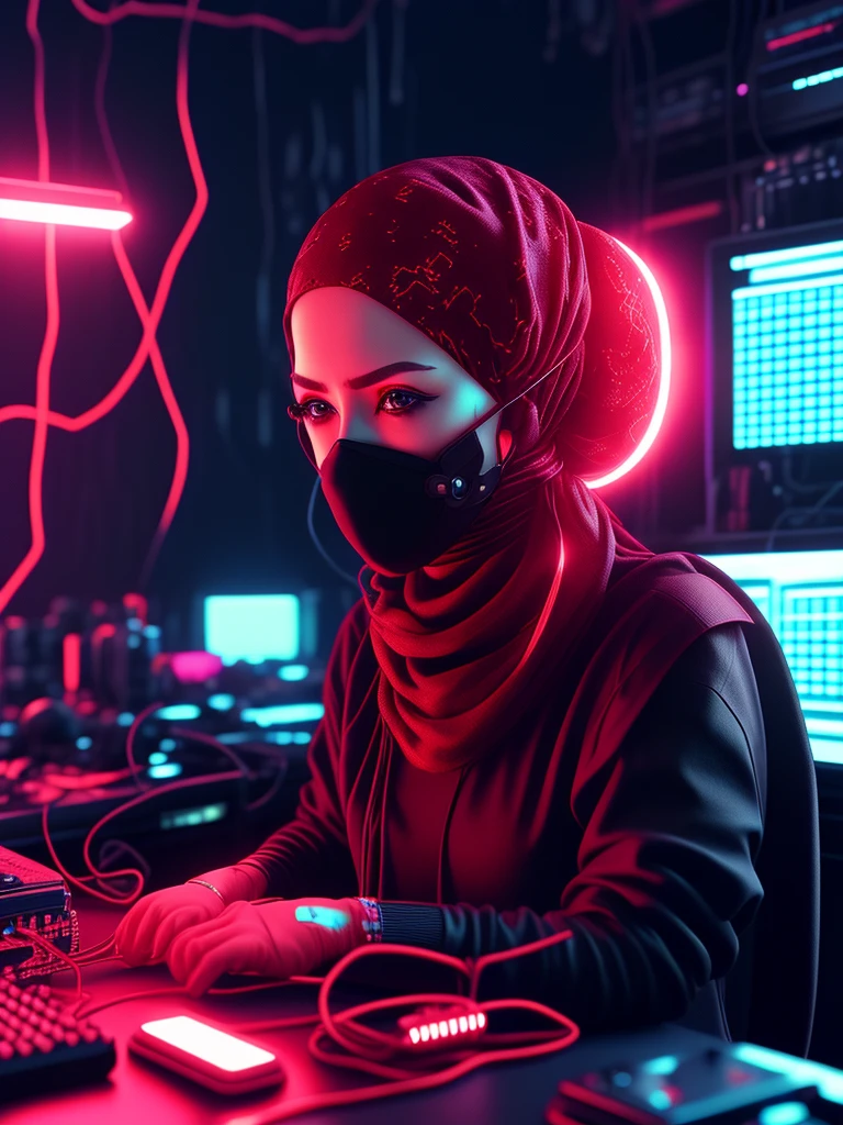 NeonNinja style, Close-up:A person wearing a red headscarf,There is a big ball in the middle of the room, Close up of electronic devices on table