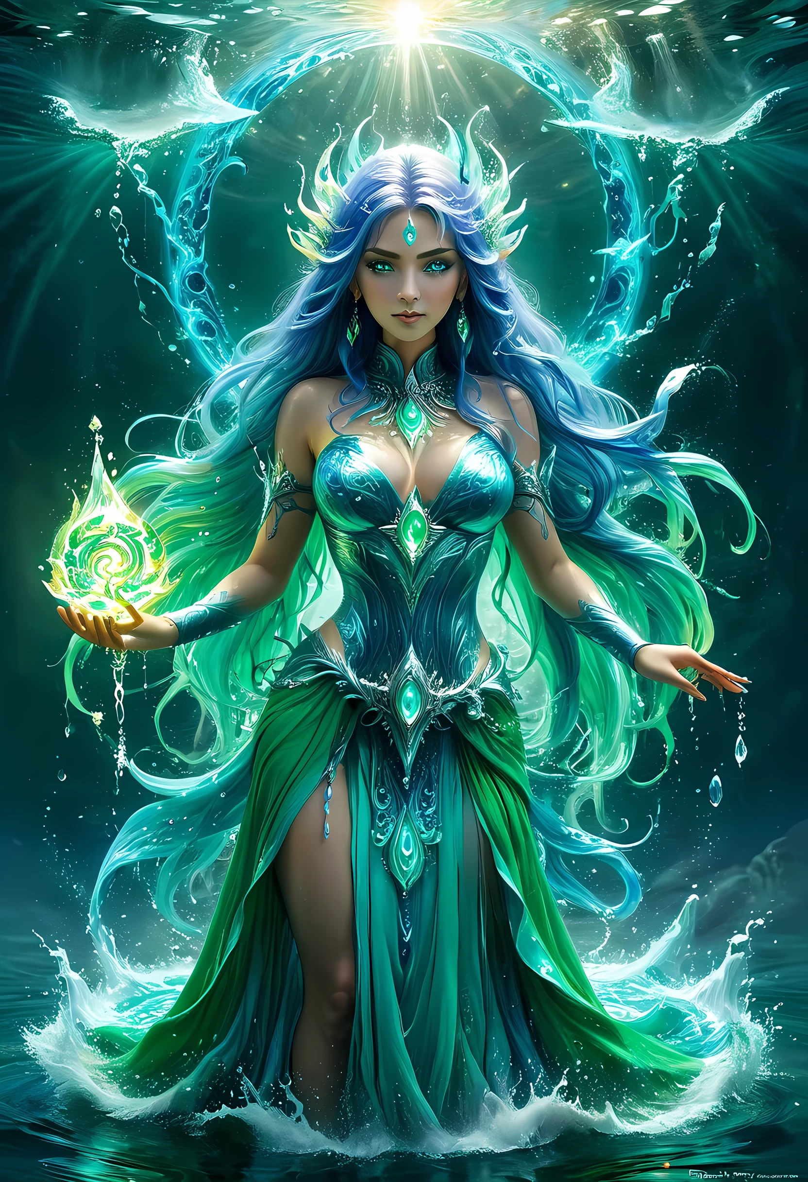 high details, best quality, 8k, [ultra detailed], masterpiece, best quality, (extremely detailed), full body, ultra wide shot, photorealistic, fantasy art, dnd art, rpg art, realistic art, an ultra wide picture of a female human (1.5 intricate details, Masterpiece, best quality) goddess of water  ((watery radiant aura)), controlling a swirling streams of watery magic (1.5 intricate details, Masterpiece, best quality), manipulating purple radiant magical symbols, [[divine symbols]] (1.5 intricate details, Masterpiece, best quality), human female, blue  hair, long hair with aura, hair with green radiant eyes, intense eyes, holding a trident, ((radiant eyes)), (( green glowing eyes)), dynamic clothing, fantasy sea background, stresms of sea water,  celestial  background, ((divine worship atmosphere)), high details, best quality, highres, ultra wide angle, crystalline dress, faize