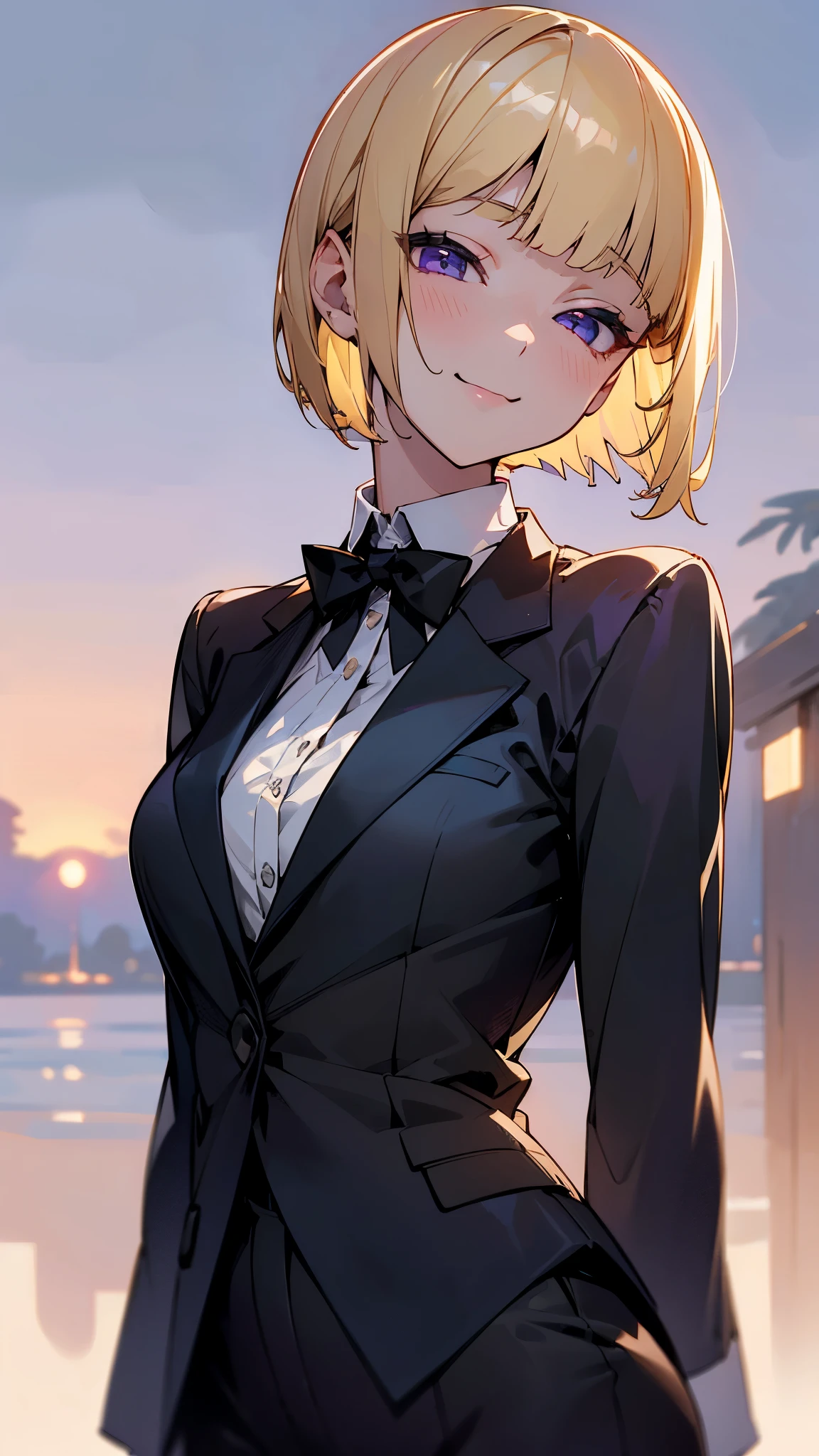 1 girl、(blonde)、short hair、Bobcut、Blunt bangs、Beautiful purple eyes、Slender body、From the side、Upper body close-up、White shirt、Black work trousers、Black Fitted Blazer、A calm face、Mouth closed、Cheeky Smile、Squint your eyes、Park in the background、sunset、Soft lighting.