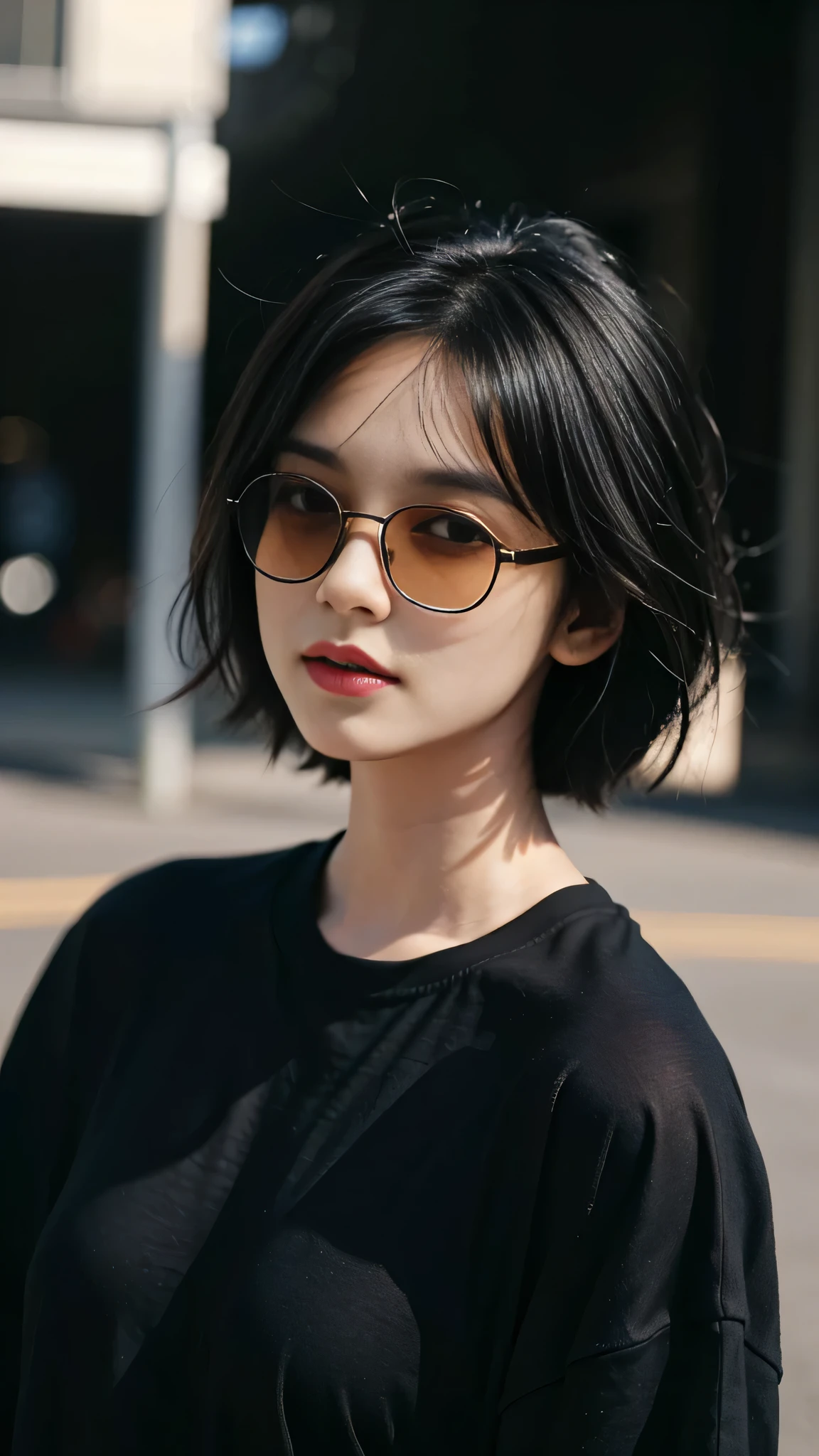 Girl in oversize t-shirt and short for photo、short hair, black hair, girl model、18-year-old female model、Wearing black sunglasses , CG rendering, Blurred background, deep shadow, 16K, Very detailed, wallpaper, depth of field, movie light, lens flare, Ray tracing,
