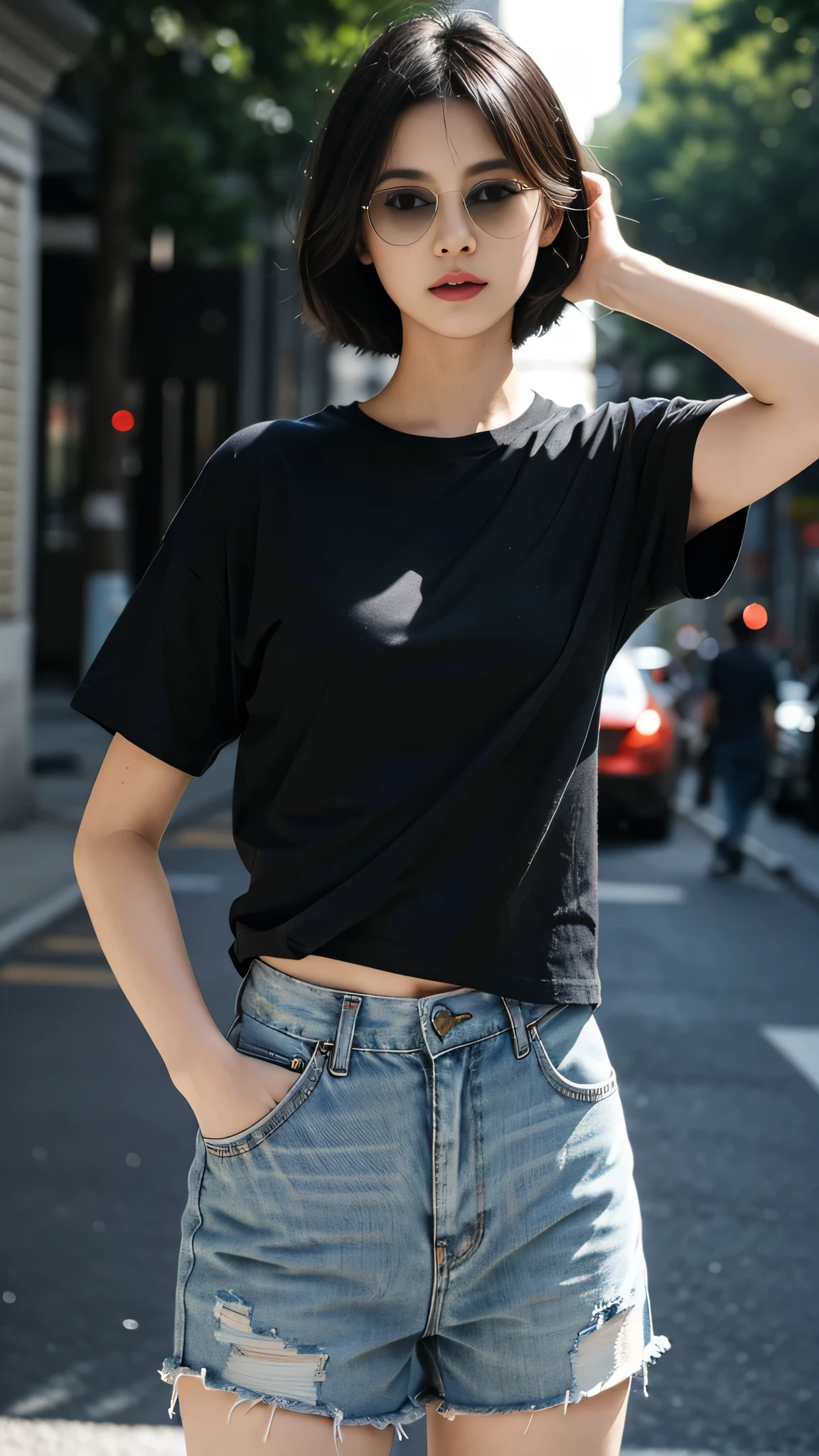 Girl in oversize t-shirt  and short for photo、short hair, black hair, girl model、18-year-old female model、Wearing black sunglasses , CG rendering, Blurred background,  deep shadow, 16K,  Very detailed, wallpaper, depth of field, movie light, lens flare, Ray tracing,