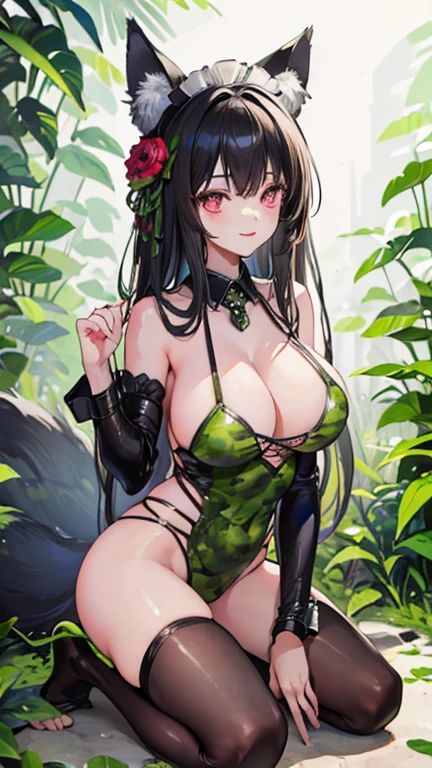 high quality, masterpiece, Super detailed,，1 girl, Green Camouflage Rags Bodysuit，Extremely detailed facial details, Sweet Smile，Red lips，Kneeling on the ground，Fox ears，Black long hair, Attractive pink eyes，Large Breasts，Maid headdress，Handcuffs，Collar，Rainforest