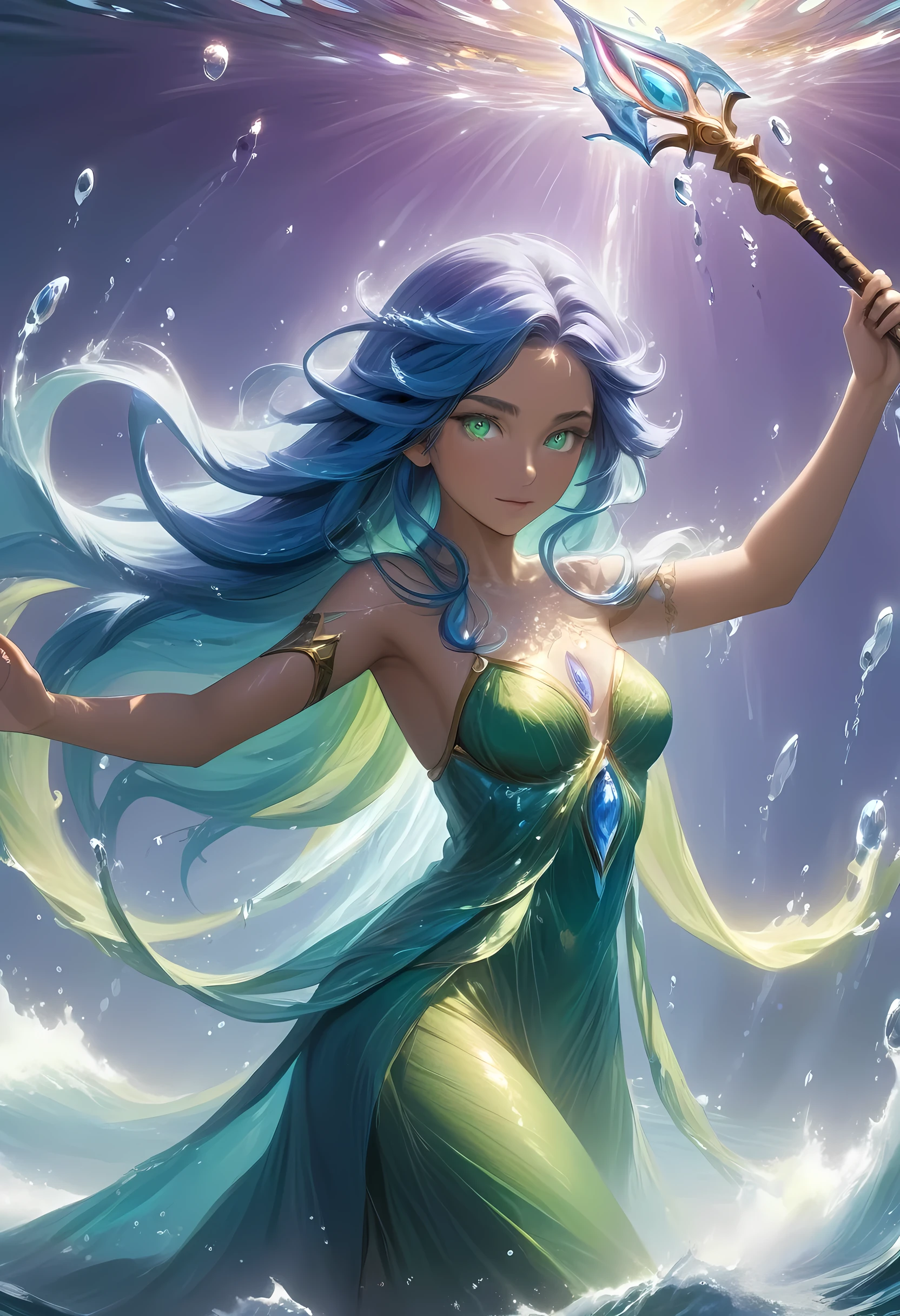 high details, best quality, 8k, [ultra detailed], masterpiece, best quality, (extremely detailed), full body, ultra wide shot, photorealistic, fantasy art, dnd art, rpg art, realistic art, an ultra wide picture of a female human (1.5 intricate details, Masterpiece, best quality) goddess of water  ((watery radiant aura)), controlling a swirling streams of watery magic (1.5 intricate details, Masterpiece, best quality), manipulating purple radiant magical symbols, [[divine symbols]] (1.5 intricate details, Masterpiece, best quality), human female, blue  hair, long hair with aura, hair with green radiant eyes, intense eyes, holding a trident, ((radiant eyes)), (( green glowing eyes)), dynamic clothing, fantasy sea background, stresms of sea water,  celestial  background, ((divine worship atmosphere)), high details, best quality, highres, ultra wide angle, crystalline dress, faize