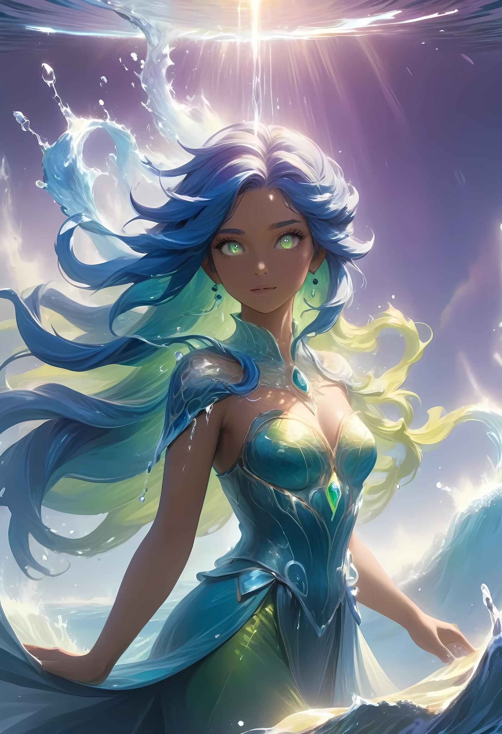 high details, best quality, 8k, [ultra detailed], masterpiece, best quality, (extremely detailed), full body, ultra wide shot, photorealistic, fantasy art, dnd art, rpg art, realistic art, an ultra wide picture of a female human (1.5 intricate details, Masterpiece, best quality) goddess of water  ((watery radiant aura)), controlling a swirling streams of watery magic (1.5 intricate details, Masterpiece, best quality), manipulating purple radiant magical symbols, [[divine symbols]] (1.5 intricate details, Masterpiece, best quality), human female, blue  hair, long hair with aura, hair with green radiant eyes, intense eyes, holding a trident, ((radiant eyes)), (( green glowing eyes)), dynamic clothing, fantasy sea background, stresms of sea water,  celestial  background, ((divine worship atmosphere)), high details, best quality, highres, ultra wide angle, crystalline dress, faize