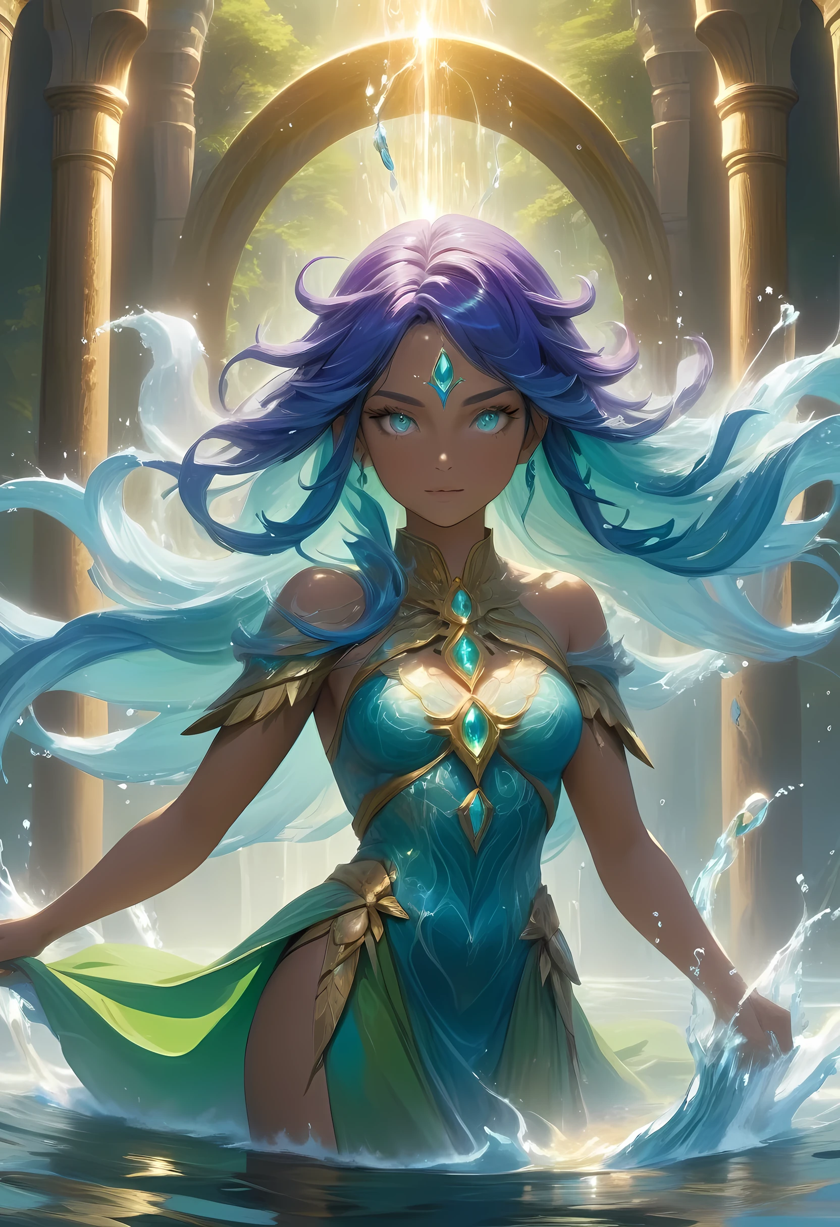 high details, best quality, 8k, [ultra detailed], masterpiece, best quality, (extremely detailed), full body, ultra wide shot, photorealistic, fantasy art, dnd art, rpg art, realistic art, an ultra wide picture of a female human (1.5 intricate details, Masterpiece, best quality) goddess of water  ((watery radiant aura)), controlling a swirling streams of watery magic (1.5 intricate details, Masterpiece, best quality), manipulating purple radiant magical symbols, [[divine symbols]] (1.5 intricate details, Masterpiece, best quality), human female, blue  hair, long hair with aura, hair with green radiant eyes, intense eyes, holding a trident, ((radiant eyes)), (( green glowing eyes)), dynamic clothing, fantasy sea background, stresms of sea water,  celestial  background, ((divine worship atmosphere)), high details, best quality, highres, ultra wide angle, crystalline dress, faize