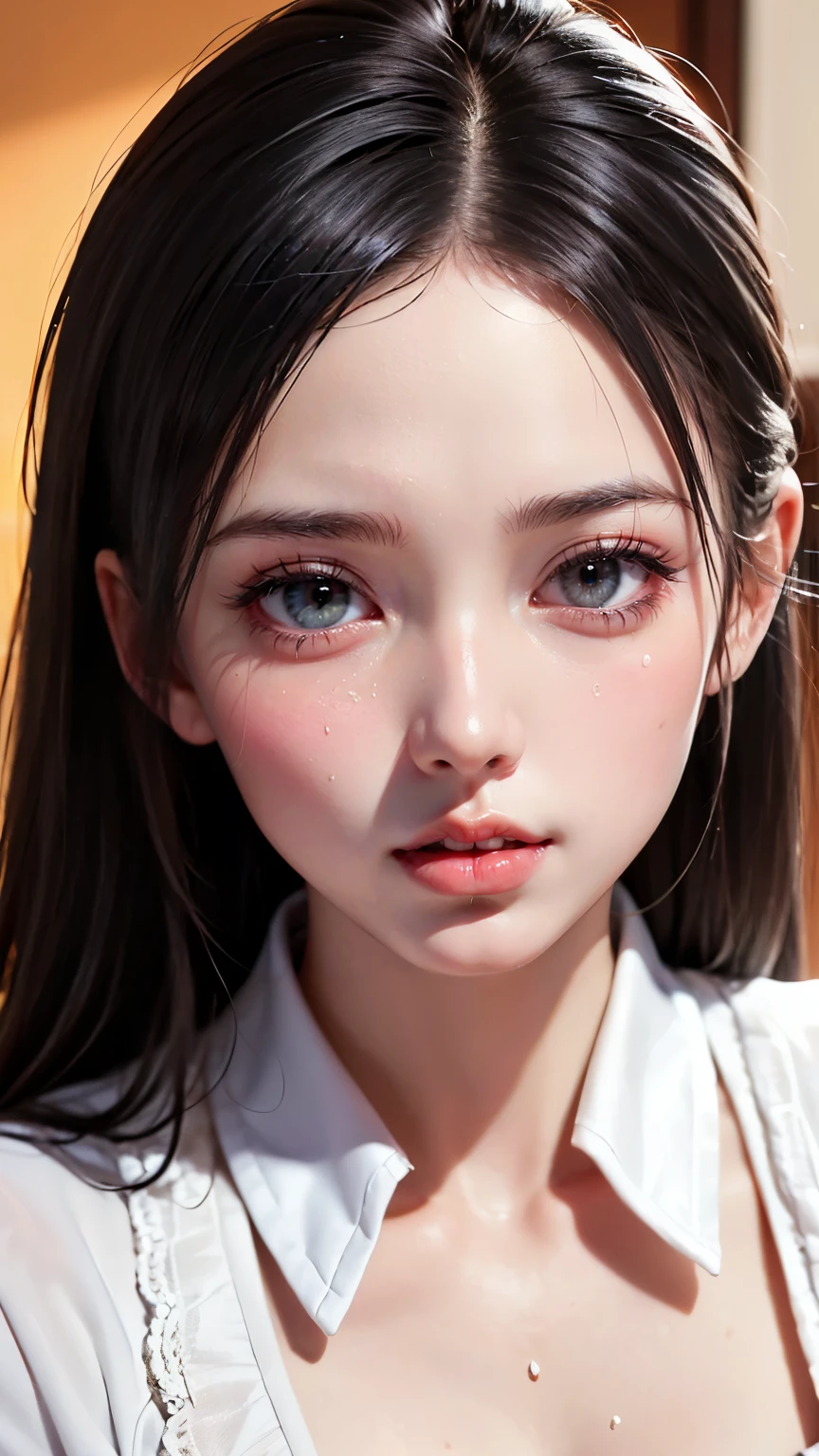 Black hair, (Long hair), gray eyes, (Glowing eyes), (White thighs: 1.2), Orgasmic face, seduction, , Seductive look, Charming, Blush, Shy, Disgusted, Disgusted, (mediating), Played badly, looking at someone, oh hey face, comfortable, Screaming, with her mouth open, Drooling, sexual convulsions, White skin, Red, Rosy face, Sweat, Wet body, Color, Alone, crying on the ground in , duck sitting, desire frustration, feeling of solitude, fondling, sexual pleasure, enduring pleasure, elk-off, attractive facial expression, (detail depiction of crying on the ground in school uniform), (duck sitting detail depiction front), detail depiction, Bust (Masterpiece), (Close-up), (Highest quality), Very detailed, Exquisite, Beautiful, (Close-up), (Close-up), ( Beautiful girl), (Collar, Collar), (detailed pink areola nail: , (delicate depiction of skin), (voluminous skin: 1.4), 8k wallpaper in first-class CG quality, Realistic, Master level, Masterpiece, Portrait, Center, display lens, beautiful Chinese and Korean mixed idol, (super detailed description face and face details), (Blush), Lip biting makeup, Sweet smile, Perfect facial features, Red eyes, Blind band + Hair above one eye, (Ruby nail). Fat_ mons, Cameltou,