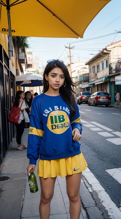 The girl was wearing a large "Rio Beer" sign