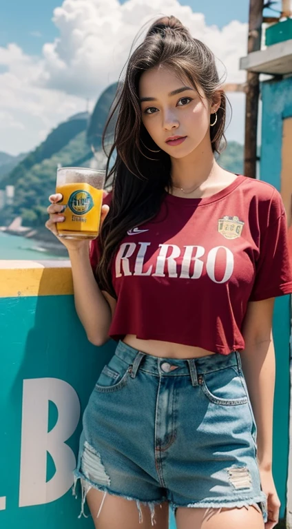 The girl was wearing a large "Rio Beer" sign