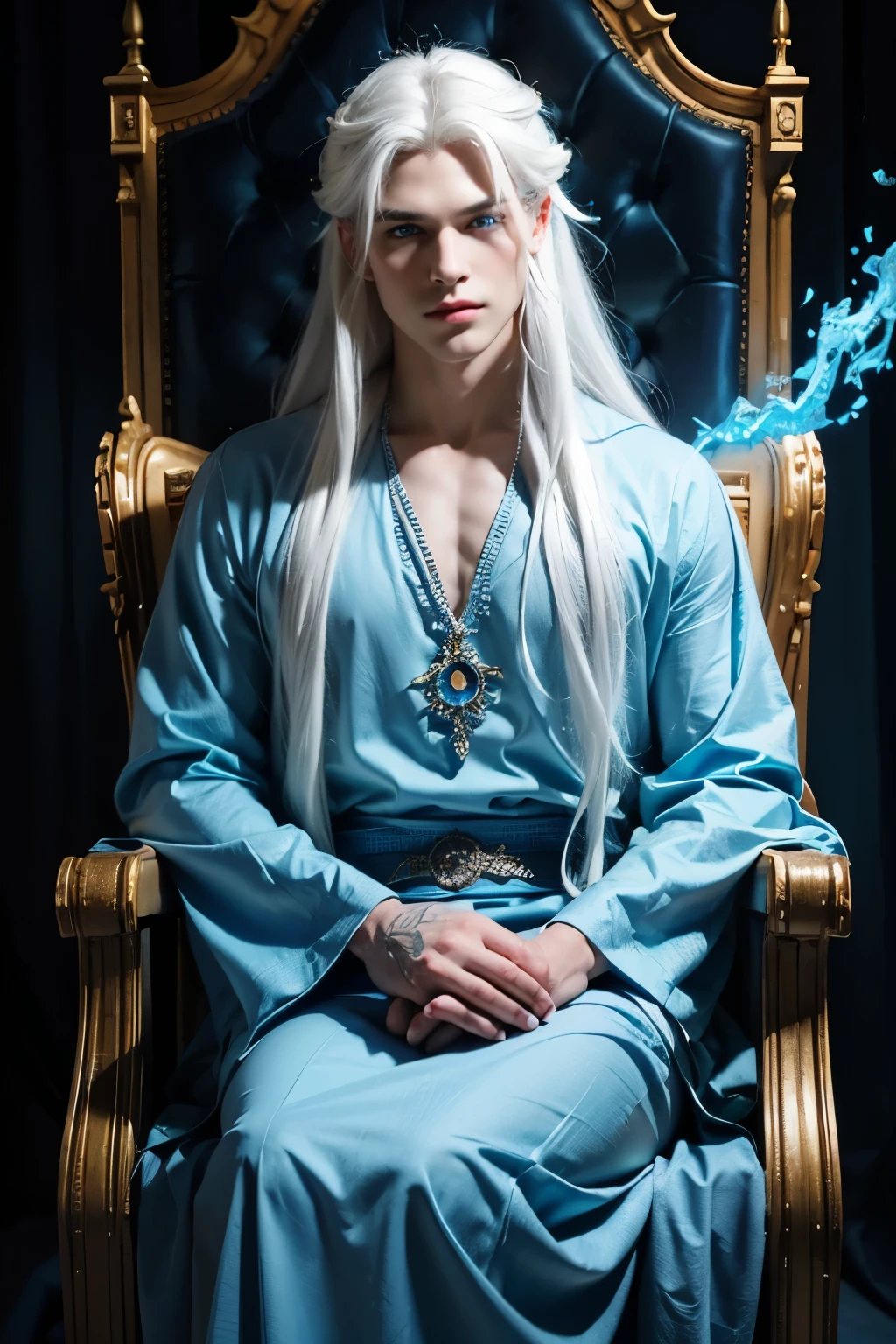 young man, very handsome, long white hair, blue eyes, wearing a blue tunic, blue fire flames, blue fire in the background of the image , blue fire, fox eyes, fuller face, with defined jawline, 8k, super detail, top quality, long white hair, no shirt , a god, Super powers , god of dazzling beauty , man with effeminate face, white hair, god, full face, soft eyebrows, thick lips, sitting on a high throne, symmetrical face, bright blue eyes