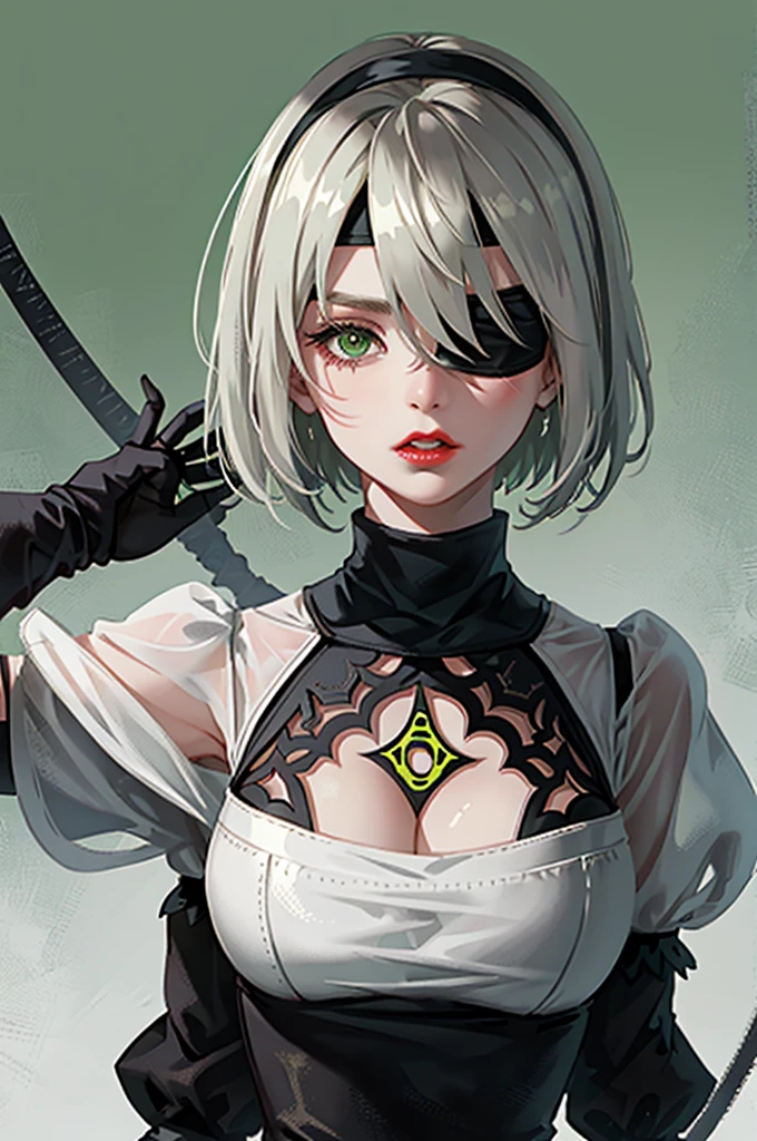 Yoruhano. 2 Type B, One Girl, Wow, (Blindfold), chest, chestの谷間, chestの谷間 cutout, Clothing cutouts, Green background, Hair between the eyes, hair band, High resolution, Juliet Sleeve, Long sleeve, Nier (series), Nier Automata, Puffy sleeves, Red lips, Shadowed face, short hair, alone, turtleneck, Upper Body, Gray Hair, Sky Porn, Strokes