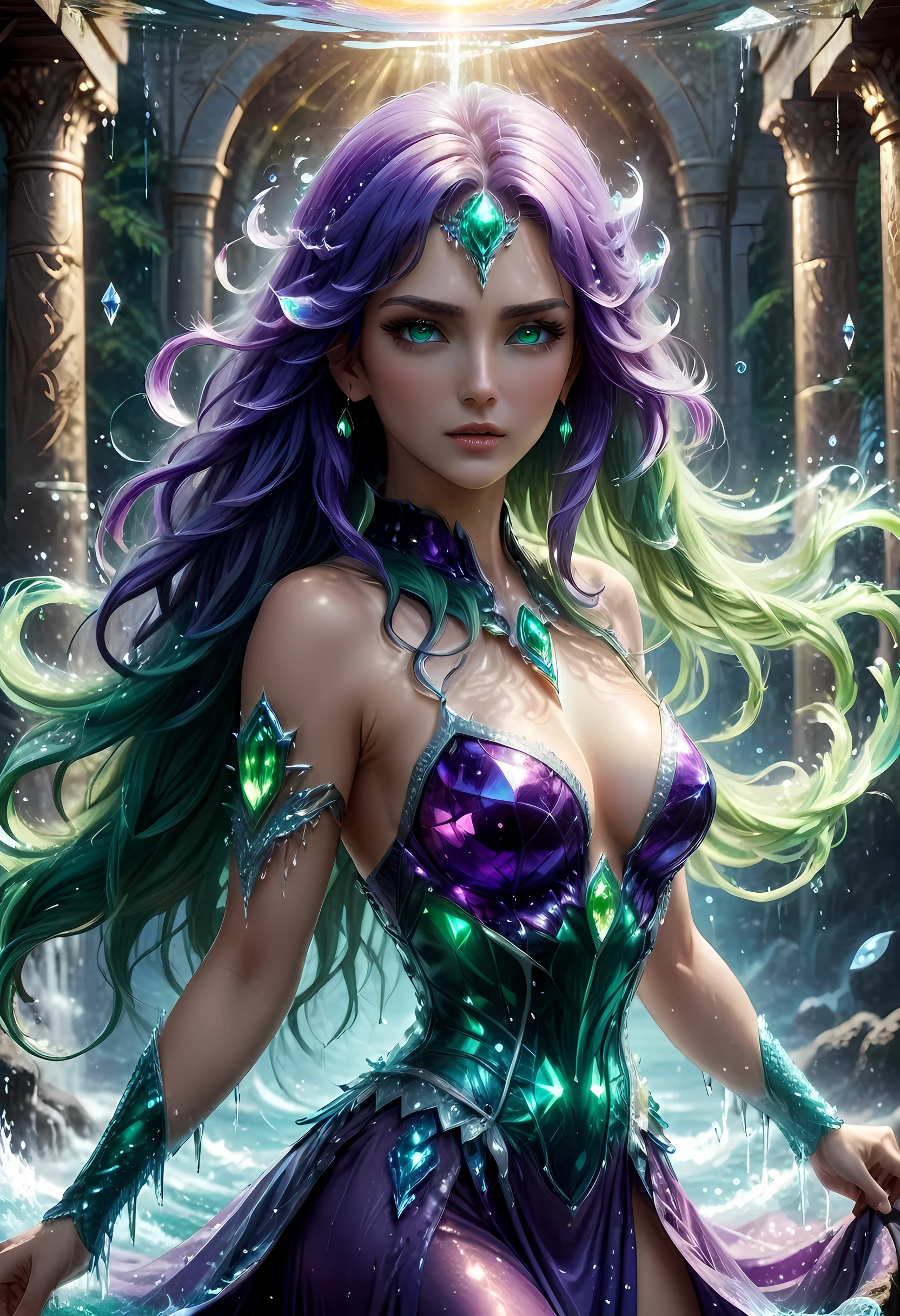 high details, best quality, 8k, [ultra detailed], masterpiece, best quality, (extremely detailed), full body, ultra wide shot, photorealistic, fantasy art, dnd art, rpg art, realistic art, an ultra wide picture of a female human (1.5 intricate details, Masterpiece, best quality) goddess of water  ((watery radiant aura)), controlling a swirling streams of watery magic (1.5 intricate details, Masterpiece, best quality), manipulating purple radiant magical symbols, [[divine symbols]] (1.5 intricate details, Masterpiece, best quality), human female, blue  hair, long hair with aura, hair with green radiant eyes, intense eyes, holding a trident, ((radiant eyes)), (( green glowing eyes)), dynamic clothing, fantasy sea background, stresms of sea water,  celestial  background, ((divine worship atmosphere)), high details, best quality, highres, ultra wide angle, crystalline dress, faize