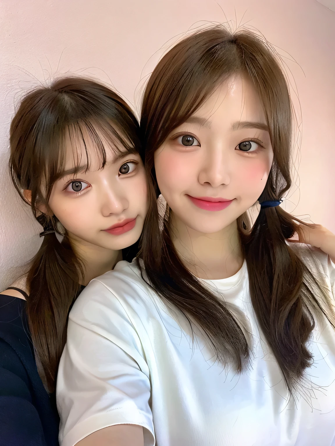 one person、17 years old、whole body、slender、woman、White drool coming out of the mouth、Blonde、Twin tails、  Fair skin, messy hair, super cute、Soft and Face、Brown Hair、8k resolution、Surreal、Ultra high definition、 Soft Body Tight Ass Night、A-cup small breasts（（Highest resolution、8k、masterpiece：1.3））、Ultra-fine face、Ultra Fine Lips、Beautiful Eyes、double eyelid,Pink wall、White shirt with front opening、Navy blue mini skirt、I can see your thighs、Shapely small breasts、smile
