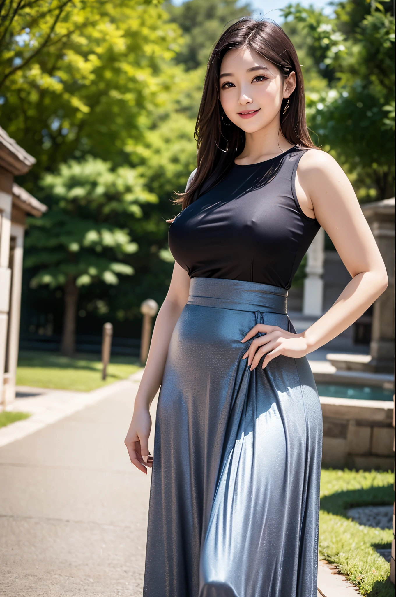high quality,8K,high resolution,One woman,1 personality,smile,(plump curves),(slender waist),(chubby build:1.2),(tall:1.2),((最high quality, 8k, masterpiece: 1.3)), High Resolution,luxury,Spring-like clothes,Long skirt,whole body,Japanese women,,,