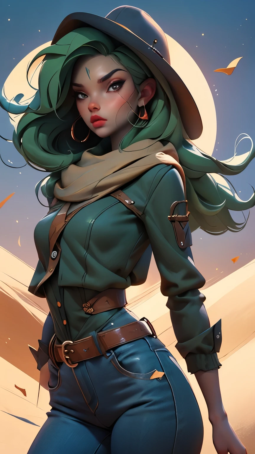 la mejor calidad posible, 8K Ultra Resolution, Stunning illustration, Lo mejor de todo, premiado, como ser el mejor, Cowboy hat Leather belt with buckle, armas en cada mano, Action pose Adds effect at the end., Chaqueta de cuero rosado, scarf neck length, Gafas de sol de color rosado:1.3, pantalones jeans claro rotos y desflecados, ((rosado, cian, Brown, verdes ,colores blancos: 1.5)), epic desert setting: 1.5, fotorrealista: 1.4, Textura de la piel: 1.4, super masterpiece, super detailed, hiper detallada, 32K