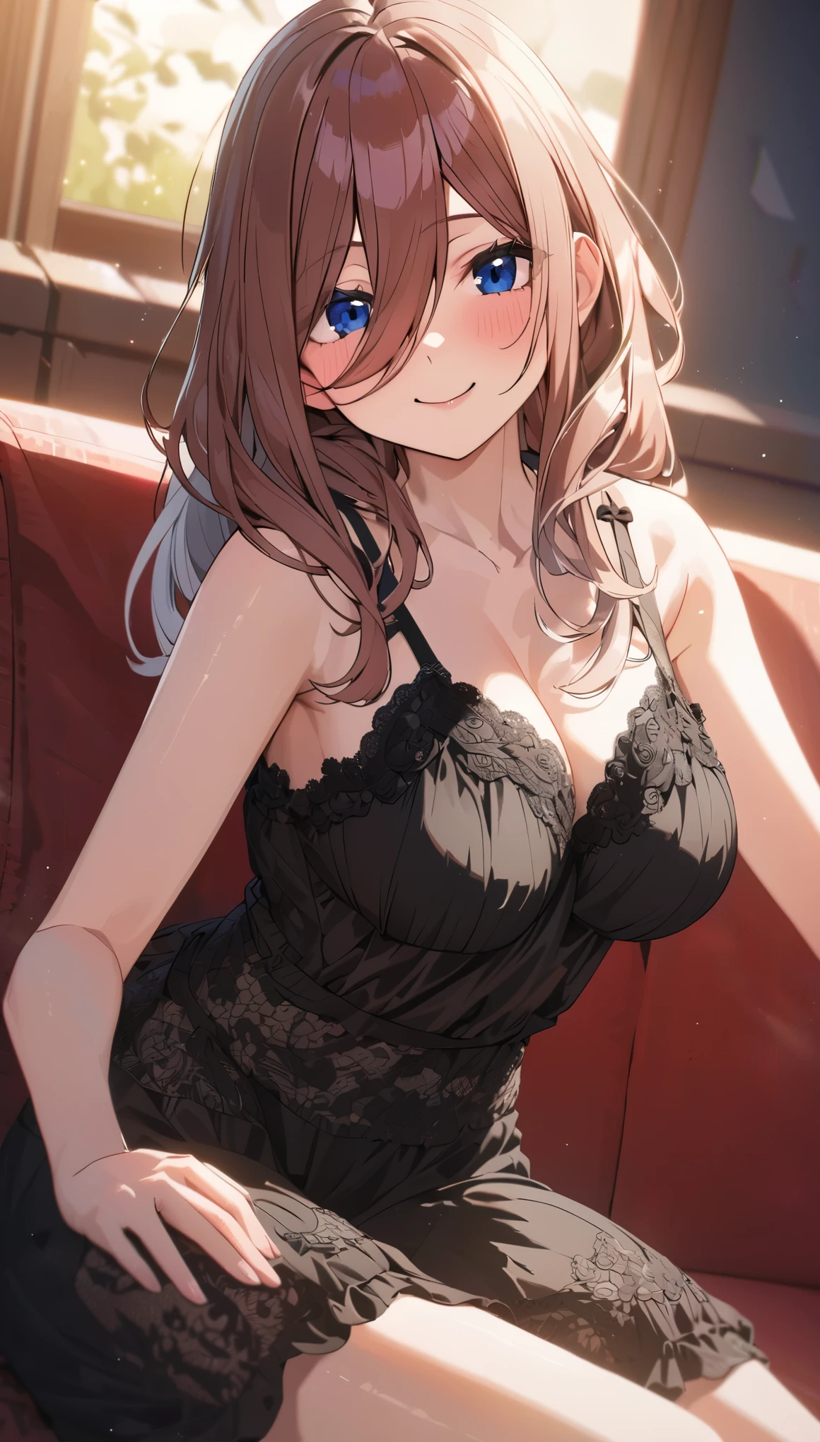 miku nakano, long silver hair, beautiful face,smiling,close up to hips, moderate breast, sitting in sofa, wearing beautiful black sleepwear , (open mouth:0.4),illustration,detailed textures(realists),ultra-detailed,portrait style,vivid colors,soft lighting, blushing, mature, hair fluttering,