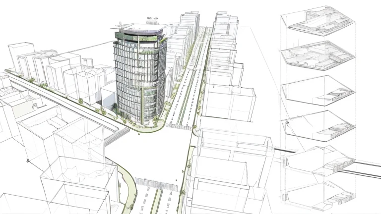 Modern construction with purple green trees, green master plan