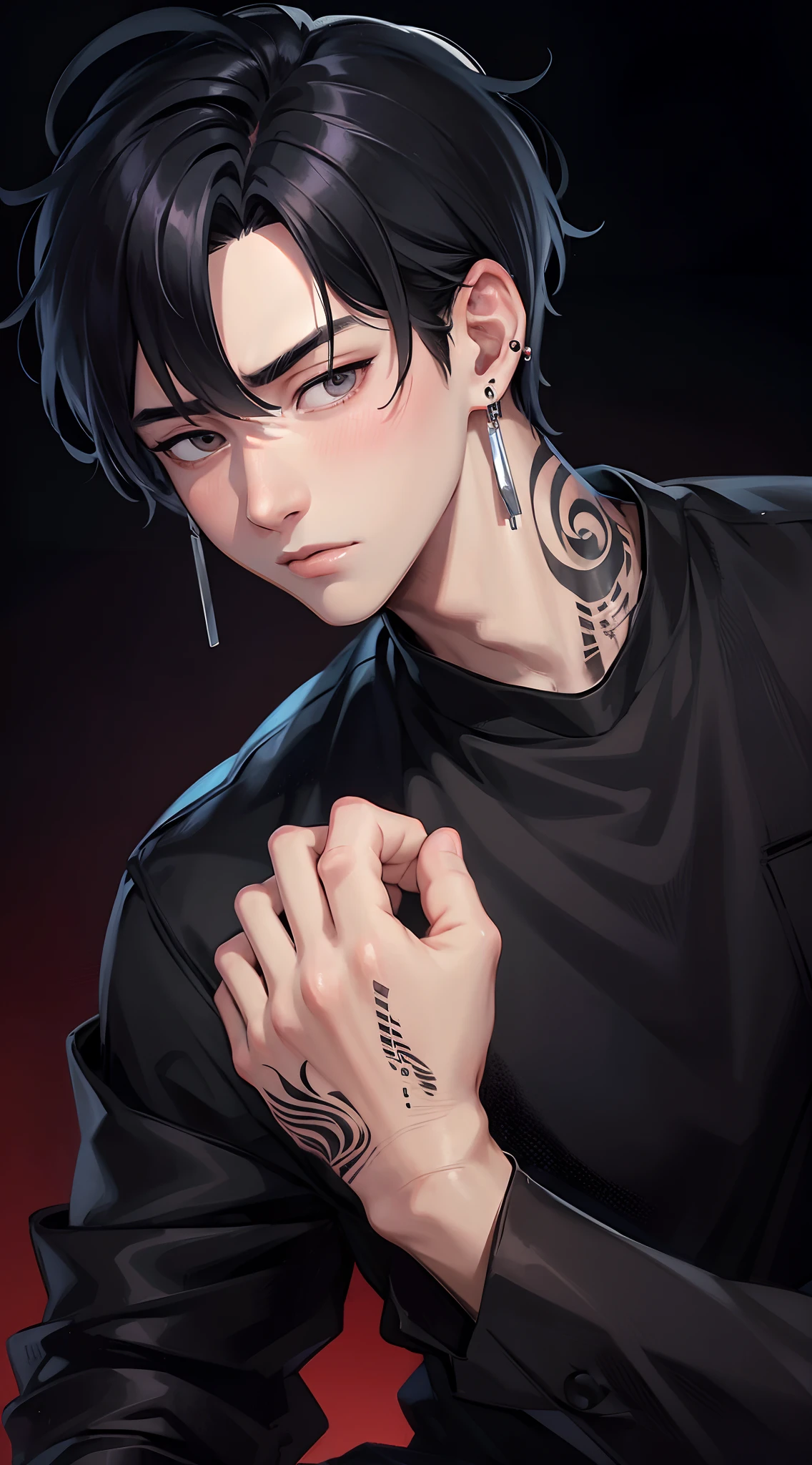 (masterpiece),(high resolution),(high quality), young korean man, broad shoulders,tattoo on neck,wearing earrings,black shirt, Cold face, one hand in his pocket,Black hair mixed with silver