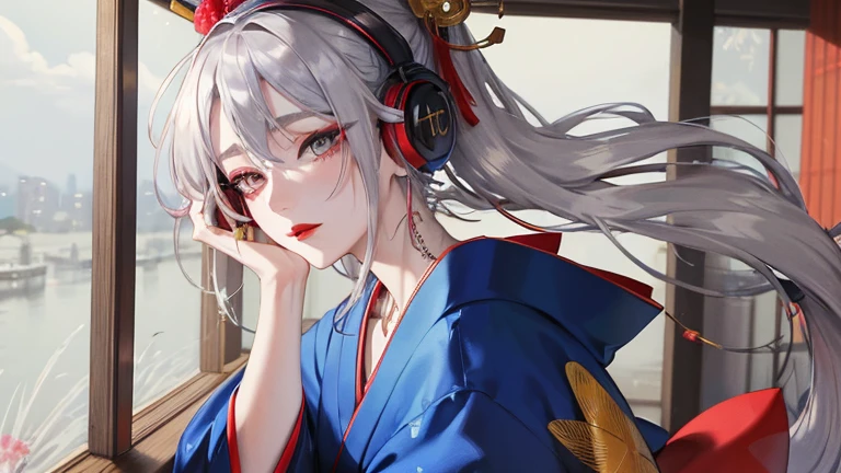 high quality,masterpiece,A Japanese woman in a colorful kimono looks out the window,Tattooed Arm,Beautiful blue droopy eyes,Japanese Geisha,Long silver hair,Listening to music with headphones,ear earrings,Dragon Tattoo,Gold Necklace,Gentle expression,Gray Hair,Red eyeshadow,Red lipstick,Heavy makeup,Handwriting,YouTube images