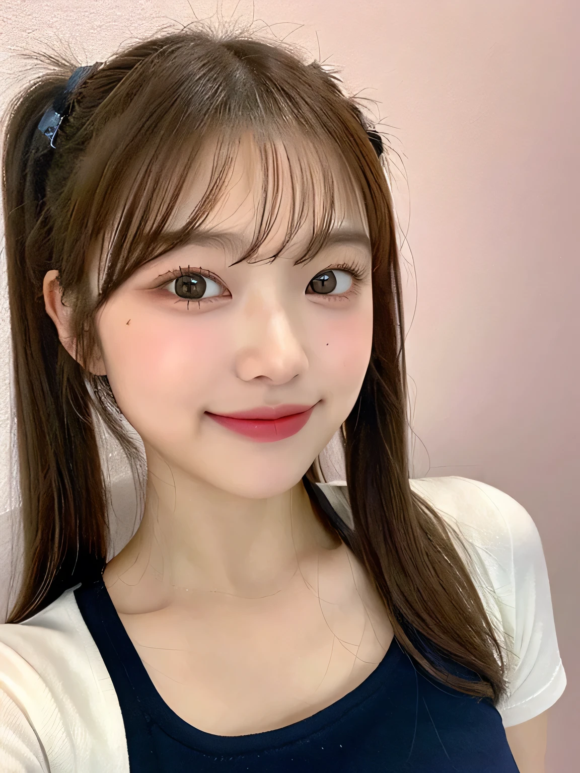 one person、、whole body、slender、woman、White drool coming out of the mouth、Blonde、Twin tails、 Fair skin, messy hair, super cute、Soft and Face、Brown Hair、8k resolution、Surreal、Ultra high definition、 Soft Body Tight Ass Night、A-cup small breasts((Highest resolution、8k、masterpiece:1.3))、Ultra-fine face、Ultra Fine Lips、Beautiful Eyes、double eyelid,Pink wall、White shirt with front opening、Navy blue mini skirt、I can see your thighs、Shapely small breasts、smile